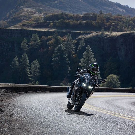 La Ninja 500 adopta un estilo más deportivo y agresivo, con líneas fluidas y un carenado que evoca a sus hermanas mayores.